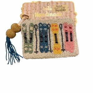 India Handmade Beaded Snow Skis Coin Purse/pouch with Tassel and keychain